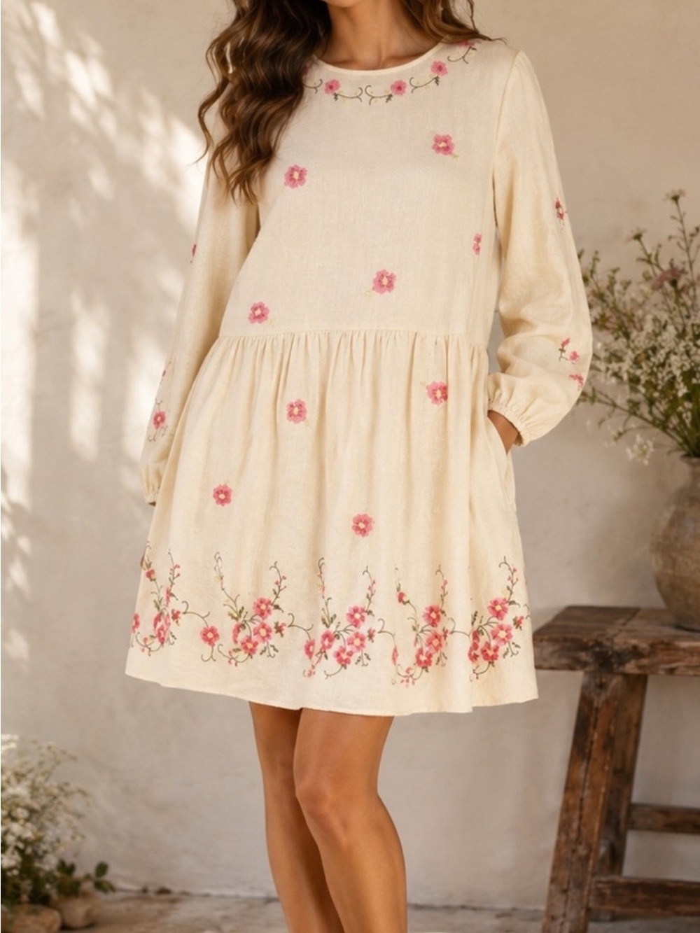 NWT Caroline Constas Cream Long-Sleeve Mini Dress Linen Scalloped Embroidery |M